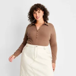 Women's Long Sleeve Henley Collared Button-Front Bodysuit - Future Collective™ With Reese Blutstein -Trendy Women GUEST 59c98701 8141 40b0 bf7e 8ef79d4c593a