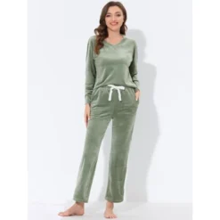 Cheibear Womens Velvet Sleepwear Tracksuits With Pockets V-Neck Lounge Sweatsuit Pajama Sets