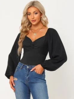 Allegra K Women's Sweetheart V Neck Puff Long Sleeve Bodysuits