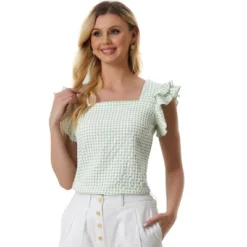 Allegra K Women's Summer Gingham Square Neck Ruffle Sleeve Blouse -Trendy Women GUEST 5b05d3d3 ce7b 474a a70c 8294623c5951