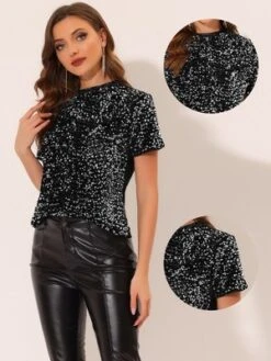 Allegra K Women's Sequin Velvet Crew Neck Short Sleeve T-shirt