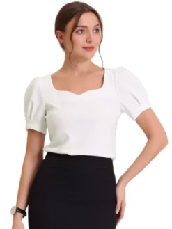 Allegra K Women's Puff Short Sleeve Sweetheart Neck Elegant Blouse -Trendy Women GUEST 6298338b 7cbd 4d42 9b0b e38688d79630
