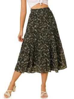 Allegra K Women's Floral Elastic Waist Tiered Ruffle Boho Midi Skirts -Trendy Women GUEST 62e05005 0d81 4ba6 b621 4203a5bcfb64