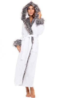 Women's Faux Fur Feather Hooded Robe, Soft Plush Fleece Bathrobe With Hood 10 Women's Faux Fur Feather Hooded Robe, Soft Plush Fleece Bathrobe With Hood - Image 10