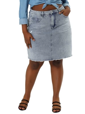 Agnes Orinda Women's Plus Size Denim Embroidered Distressed Ripped Pencil Skirts 1 Agnes Orinda Women's Plus Size Denim Embroidered Distressed Ripped Pencil Skirts