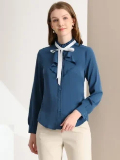 Allegra K Women's Work Office Top Blouse Ruffle Neck Long Sleeve Ribbon Button Down Blouses -Trendy Women GUEST 67795241 92a5 4f00 b7df fbbc12ba65cb
