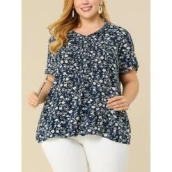 Agnes Orinda Women's Plus Size Self Tie Ruffle Pleated Floral Blouse