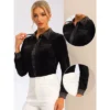 Allegra K Women's Point Collar Faux Pocket Long Sleeves Button Down Velvet Blouse