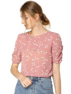 Allegra K Women's Floral Crew Neck Summer Casual Shirred Short Sleeve Blouse -Trendy Women GUEST 6a987c45 43a0 4db3 a478 12dcc10adfea