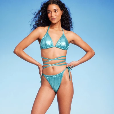 Women's Foil Strappy Extra High Leg Super Cheeky Bikini Bottom - Wild Fable™ Teal Blue 2 Women's Foil Strappy Extra High Leg Super Cheeky Bikini Bottom - Wild Fable™ Teal Blue - Image 2
