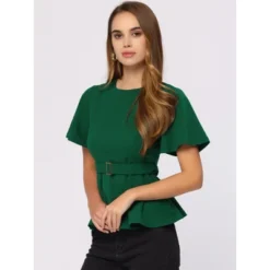 Allegra K Women's Round Neck Flutter Sleeve Belted Waist Office Peplum Blouse -Trendy Women GUEST 70d7f1e2 2071 44a7 a015 a2714a0abd51
