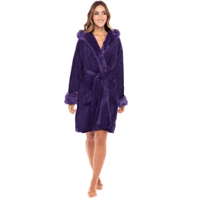 Women's Faux Fur Feather Hooded Robe, Soft Plush Fleece Knee Length Bathrobe With Hood 8 Women's Faux Fur Feather Hooded Robe, Soft Plush Fleece Knee Length Bathrobe With Hood - Image 8