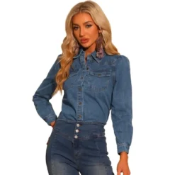 Allegra K Women's Casual Point Collar Button Down Puff Long Sleeves Denim Shirt -Trendy Women GUEST 74922793 2494 41ba 8e46 a6b72b3b73f6