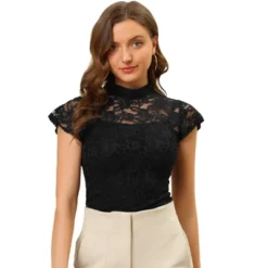 Allegra K Women's Elegant Floral Lace Blouse Short Sleeve Keyhole Back Fitted Semi Sheer Top -Trendy Women GUEST 74d967a4 29de 43d3 9ada 5fe56c9cbc22