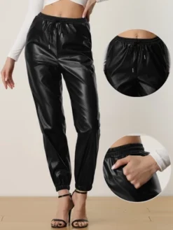 Allegra K Faux Leather Pants For Women's Drawstring High Waist Joggers Casual Tapered Trousers