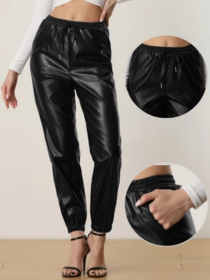 Allegra K Faux Leather Pants For Women's Drawstring High Waist Joggers Casual Tapered Trousers 1 Allegra K Faux Leather Pants For Women's Drawstring High Waist Joggers Casual Tapered Trousers