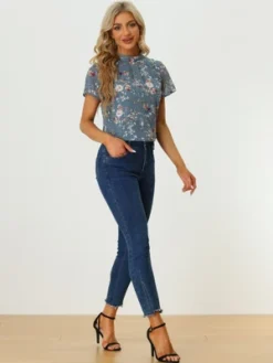 Allegra K Women's Stand Collar Pleated Front Chiffon Floral Blouses