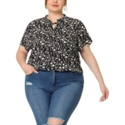 Agnes Orinda Women's Plus Size Self Tie Ruffle Pleated Floral Blouse -Trendy Women GUEST 7a46f3b8 784b 4344 a6ff a4eaa1346f9f