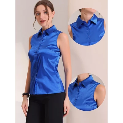 Allegra K Women's Satin Work Collar Sleeveless Button Down Shirts 1 Allegra K Women's Satin Work Collar Sleeveless Button Down Shirts