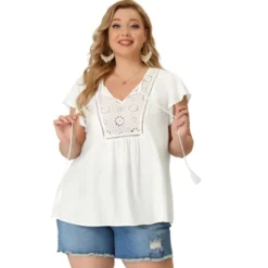 Agnes Orinda Women's Plus Size Blouse Ruffle Sleeve Lace Trim Tie Neck Peasant Top -Trendy Women GUEST 7eb534e0 b392 433e 9c17 09c03790d404