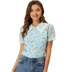 Allegra K Women's Peter Pan Collar Lace Embroidered Casual Floral Shirt Blouse -Trendy Women GUEST 85cdb43f 7841 40e0 a705 8921479d18fa
