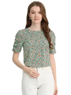 Allegra K Women's Floral Crew Neck Summer Casual Shirred Short Sleeve Blouse -Trendy Women GUEST 8759388b bfb5 483b 8b5e 7eee4b789604
