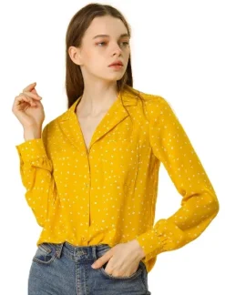 Allegra K Women's Heart Polka Dots Button Up Notched Lapel V Neck Shirts -Trendy Women GUEST 87ee8dec ed68 409a 8536 0e34a90f5edd