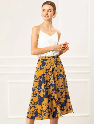 Allegra K Women's High Elastic Waist Belted Slit A-Line Midi Floral Print Skirt 2 Allegra K Women's High Elastic Waist Belted Slit A-Line Midi Floral Print Skirt - Image 2