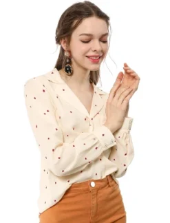 Allegra K Women's Heart Polka Dots Button Up Notched Lapel V Neck Shirts -Trendy Women GUEST 8f2ebc19 1c56 4e91 be53 0981591c3c0a