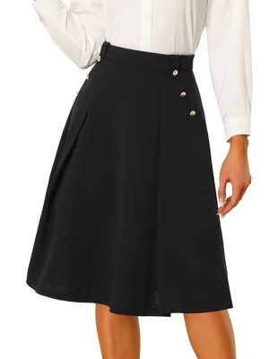 Allegra K Women's High Waist Button Decor Vintage Pleated Flared Midi Skirt 5 Allegra K Women's High Waist Button Decor Vintage Pleated Flared Midi Skirt - Image 5