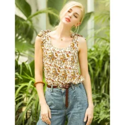 Allegra K Women's Sleeveless Casual Bow Tie Decor Strap Chiffon Floral Tank Tops