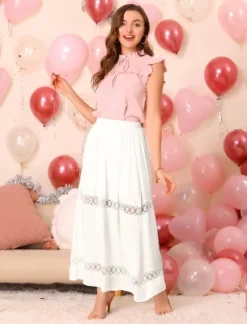 Allegra K Women's Lace Insert Vintage Swing A-Line Maxi Skirt With Elastic Waist