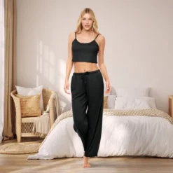 Women's Soft Ribbed Waffle Rib Knit Pajamas Lounge Set, Spaghetti Strap Cami Crop Top, Pajama Pants With Pockets