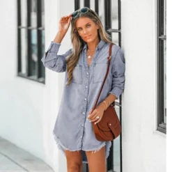 Women's Single One Frayed Denim Shirt -Cupshe