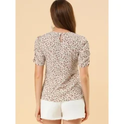 Allegra K Women's Floral Crew Neck Summer Casual Shirred Short Sleeve Blouse -Trendy Women GUEST 99381f81 09e4 426a a18e 9dd6353e9d6f