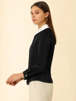 Allegra K Women's Work Tops Long Sleeve Contrast Collar Satin Button Down Shirt -Trendy Women GUEST 99b6b3ed 5b77 4ebb a39c 07ae7bd5fc8f