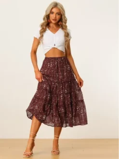 Allegra K Women's Floral Elastic Waist Tiered Ruffle Boho Midi Skirts
