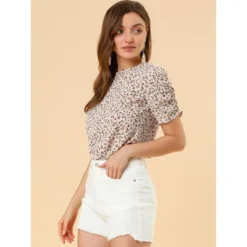 Allegra K Women's Floral Crew Neck Summer Casual Shirred Short Sleeve Blouse