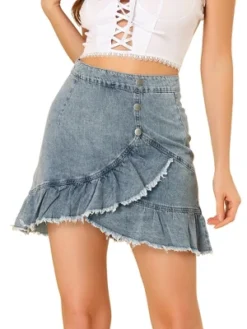 Allegra K Women's Ruffle Irregular Hem High Waist Lightweight Mini Jeans Skirt -Trendy Women GUEST 9ee15ec8 a930 485c 846e e34b9f68eda9