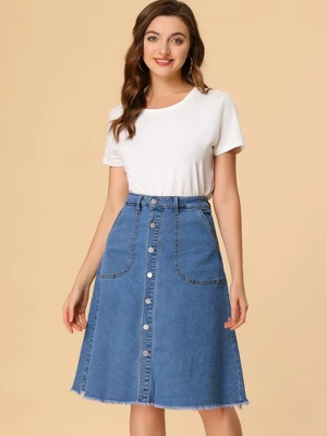 Allegra K Women's Denim Skirts Raw Hem Button Down Midi Jeans Skirt 2 Allegra K Women's Denim Skirts Raw Hem Button Down Midi Jeans Skirt - Image 2