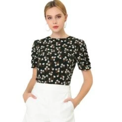 Allegra K Women's Floral Crew Neck Summer Casual Shirred Short Sleeve Blouse -Trendy Women GUEST a59a89e1 8f73 4745 8ee3 ede90ea56ccc