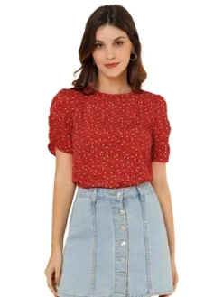Allegra K Women's Floral Crew Neck Summer Casual Shirred Short Sleeve Blouse -Trendy Women GUEST ac348383 2dd8 4e55 8a43 c91e30777dca