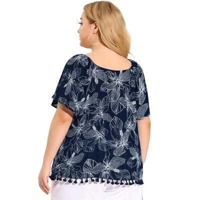 Agnes Orinda Women's Plus Size Blouse Floral Off Shoulder Tassel Hem Casual Top 4 Agnes Orinda Women's Plus Size Blouse Floral Off Shoulder Tassel Hem Casual Top - Image 4