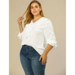 Agnes Orinda Women's Plus Size Work Fashion V Neck Chiffon Ruffle Top