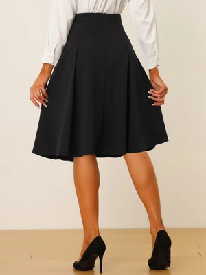 Allegra K Women's High Waist Button Decor Vintage Pleated Flared Midi Skirt 3 Allegra K Women's High Waist Button Decor Vintage Pleated Flared Midi Skirt - Image 3