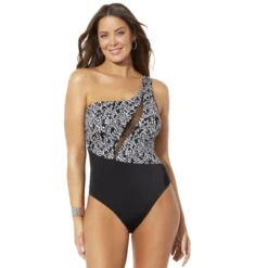 Swimsuits For All Women’s Plus Size One Shoulder Mesh One Piece Swimsuit