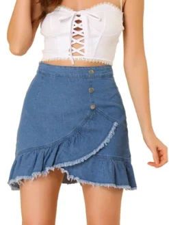 Allegra K Women's Ruffle Irregular Hem High Waist Lightweight Mini Jeans Skirt -Trendy Women GUEST b2576886 bb2a 4f3c a475 785cea7d03b4