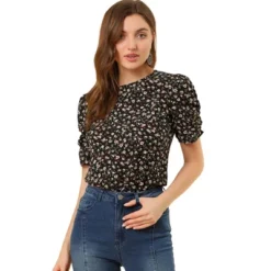 Allegra K Women's Floral Crew Neck Summer Casual Shirred Short Sleeve Blouse -Trendy Women GUEST b4f0ec00 30fb 4fc7 8526 24ae724ccf17