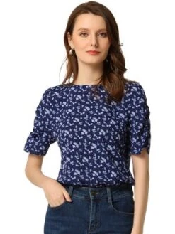 Allegra K Women's Floral Crew Neck Summer Casual Shirred Short Sleeve Blouse -Trendy Women GUEST b5540a7e 189e 4c9c a50f f9c61aa48dd0
