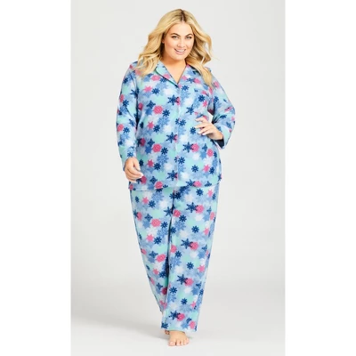 Women's Plus Size Snowflake Button Fleece Sleep Top - Blue | AVENUE 1 Women's Plus Size Snowflake Button Fleece Sleep Top - Blue | AVENUE